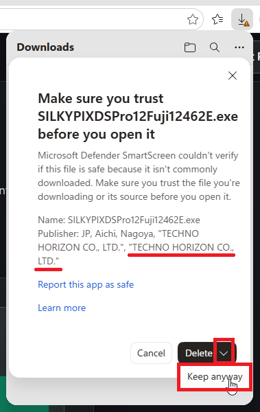 Checking the publisher and clicking Keep anyway in Microsoft Edge