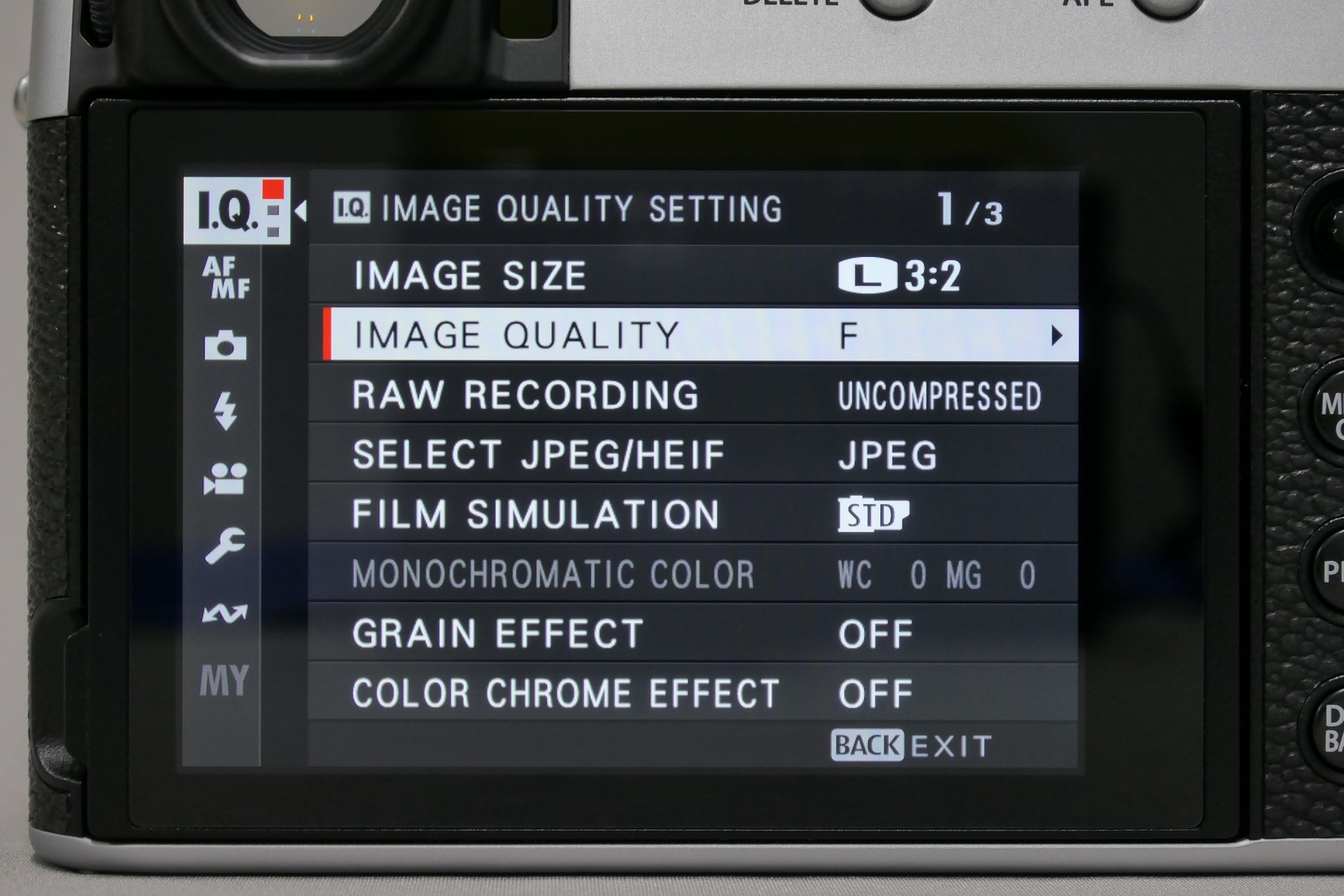 FUJIFILM image quality setting screen