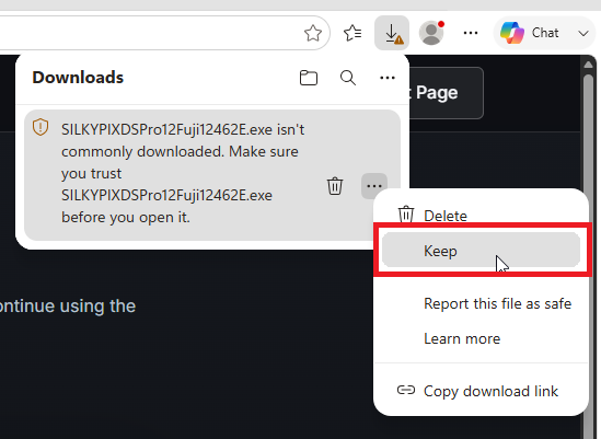 Clicking Keep from the Microsoft Edge download menu