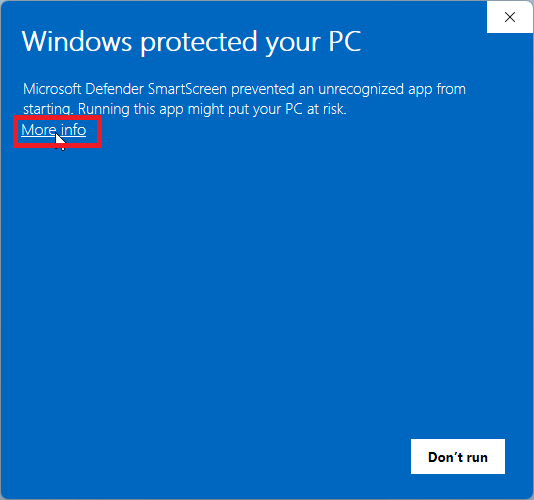 Clicking More info on the Windows Defender SmartScreen screen