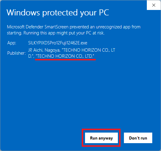 Checking the publisher and clicking Run anyway on the Windows Defender SmartScreen screen