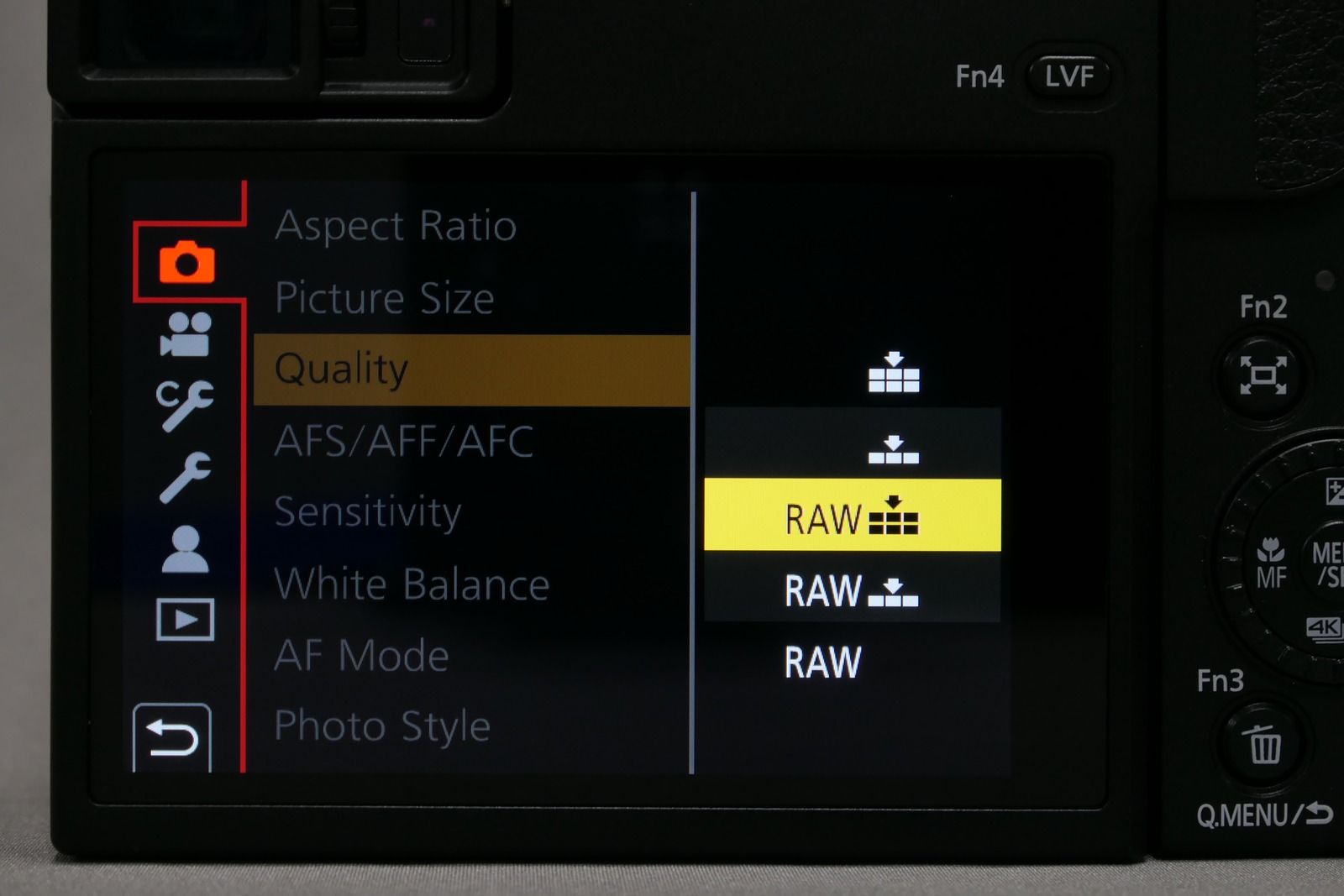 LUMIX RAW quality selection screen